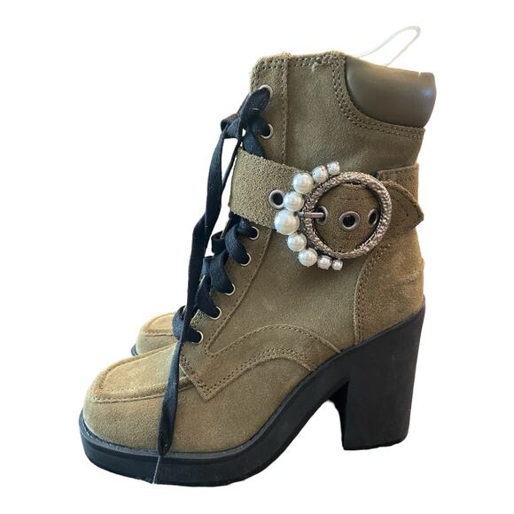 KARL LAGERFELD Dottie Faux Pearl Suede Heeled Ankle Boots Olive Green Size 6M - Picture 5 of 9